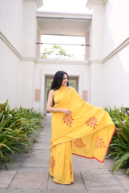 yellow cotton saree with hand-painted Madhubani nature and foliage motifs — Banana Glow