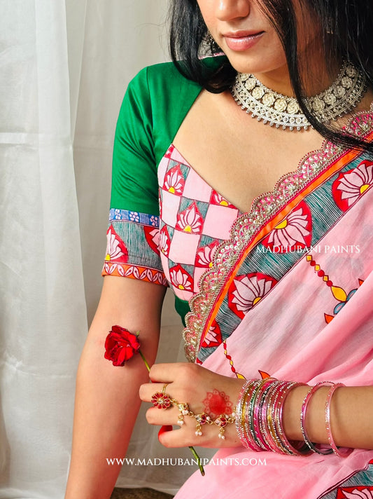 Chhath Puja Baratiya Handpainted Madhubani Cotton Saree Blouse Set