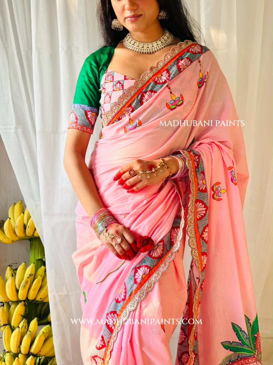 Chhath Puja Baratiya Handpainted Madhubani Cotton Saree