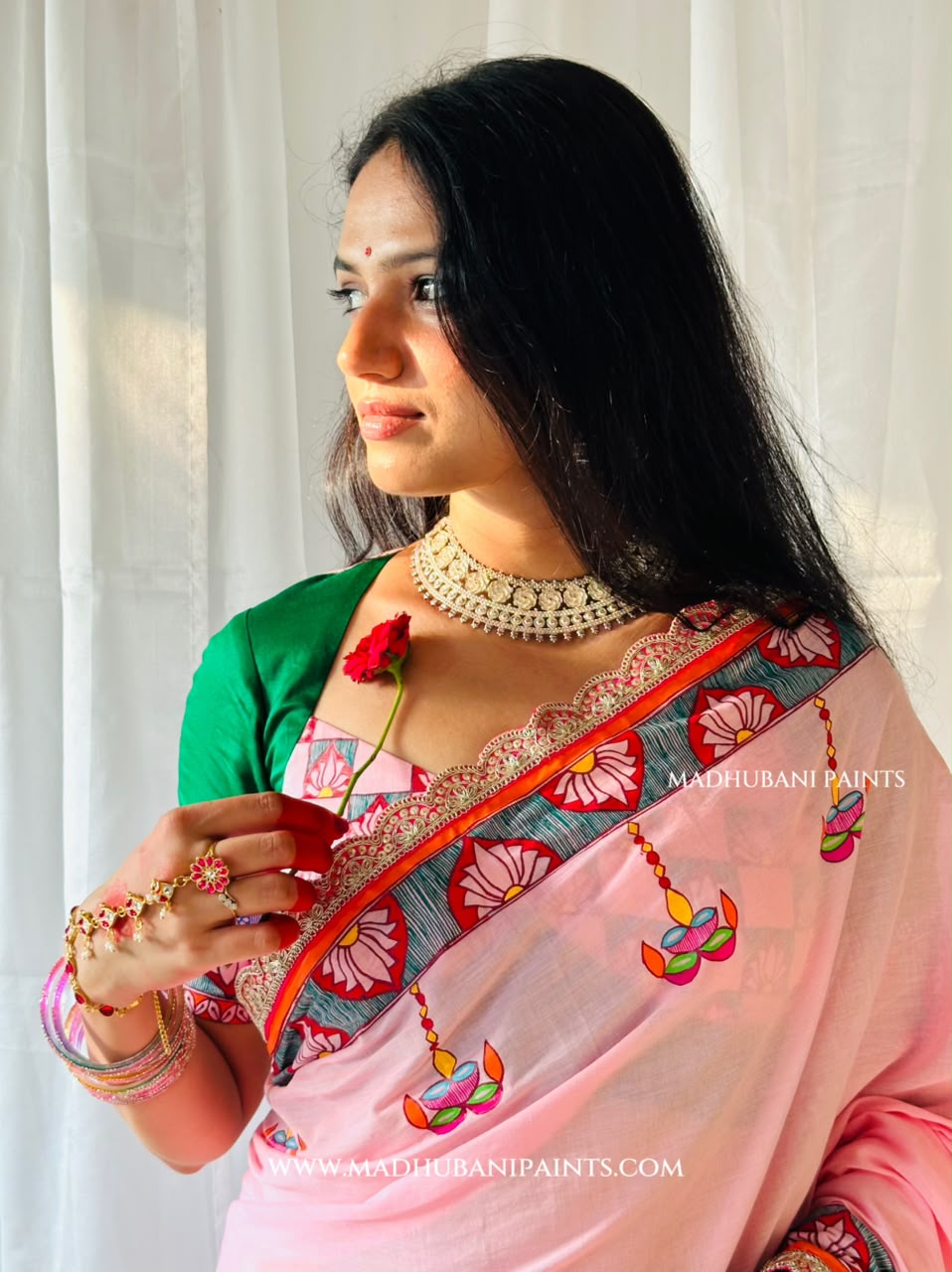 Chhath Puja Baratiya Handpainted Madhubani Cotton Saree