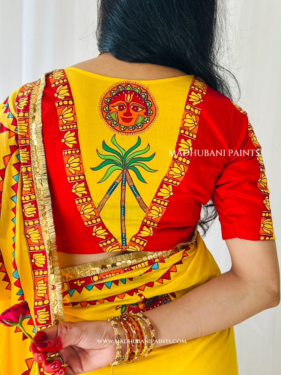 Chhath Puja Ghat Handpainted Madhubani Cotton Saree Blouse Set