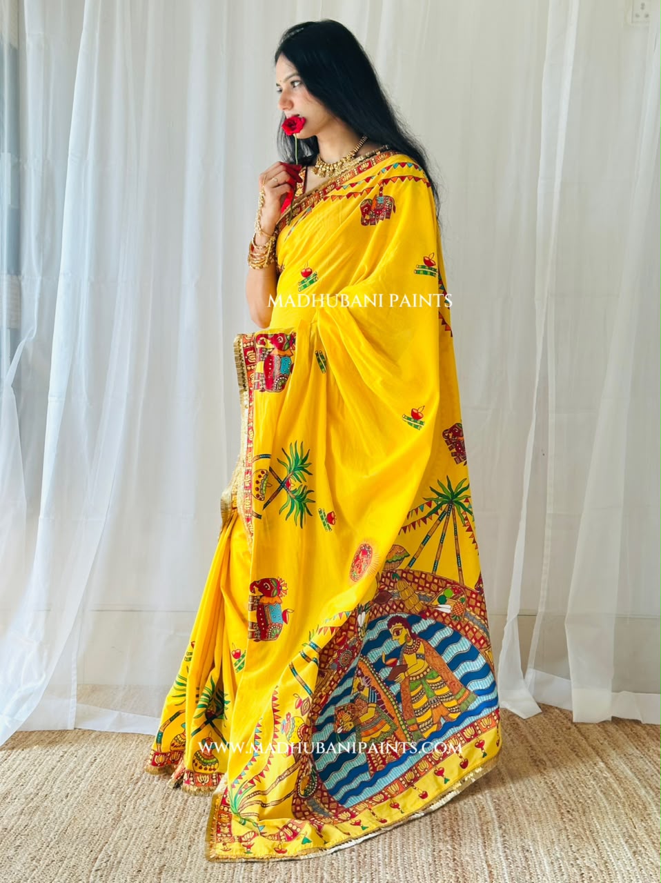 Chhath Puja Ghat Handpainted Madhubani Cotton Saree Blouse Set
