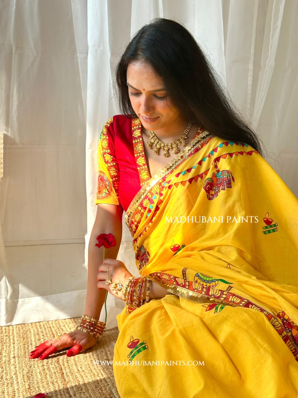 Chhath Puja Ghat Handpainted Madhubani Cotton Saree Blouse Set