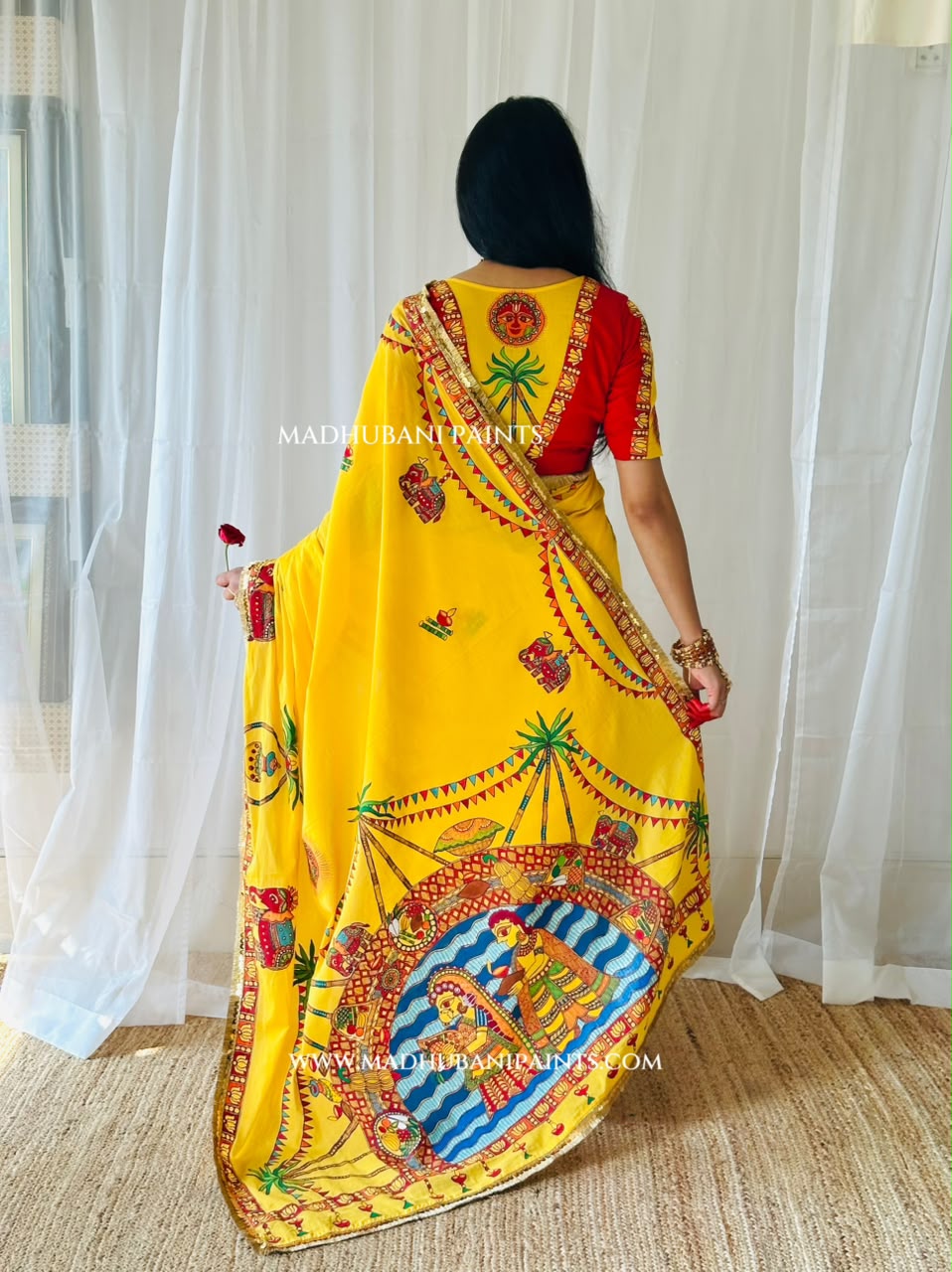 Chhath Puja Ghat Handpainted Madhubani Cotton Saree Blouse Set