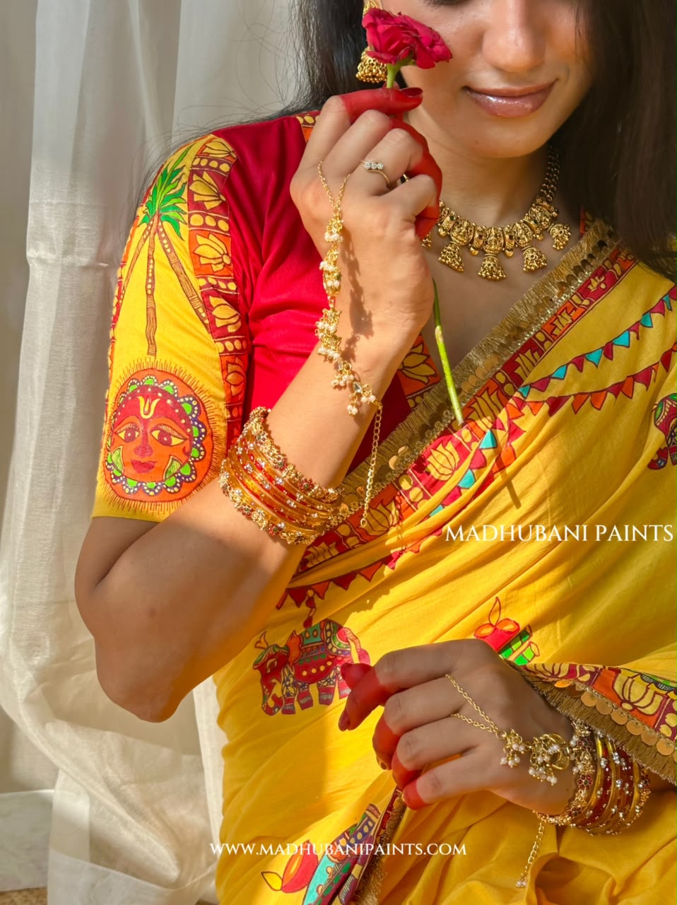 Chhath Puja Ghat Handpainted Madhubani Cotton Saree Blouse Set