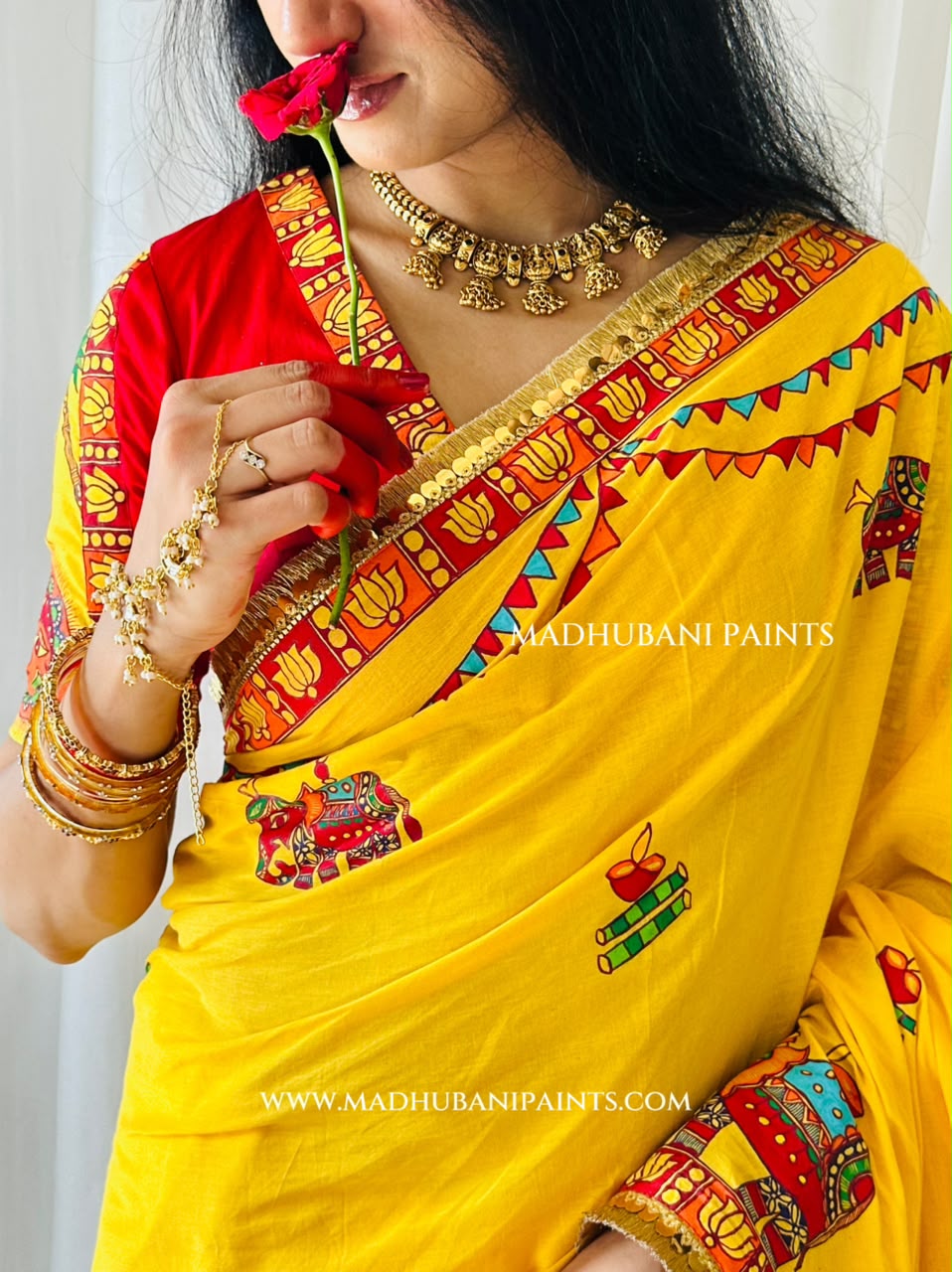 Chhath Puja Ghat Handpainted Madhubani Cotton Saree Blouse Set