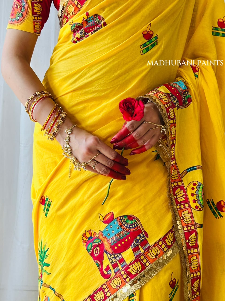 Chhath Puja Ghat Handpainted Madhubani Cotton Saree