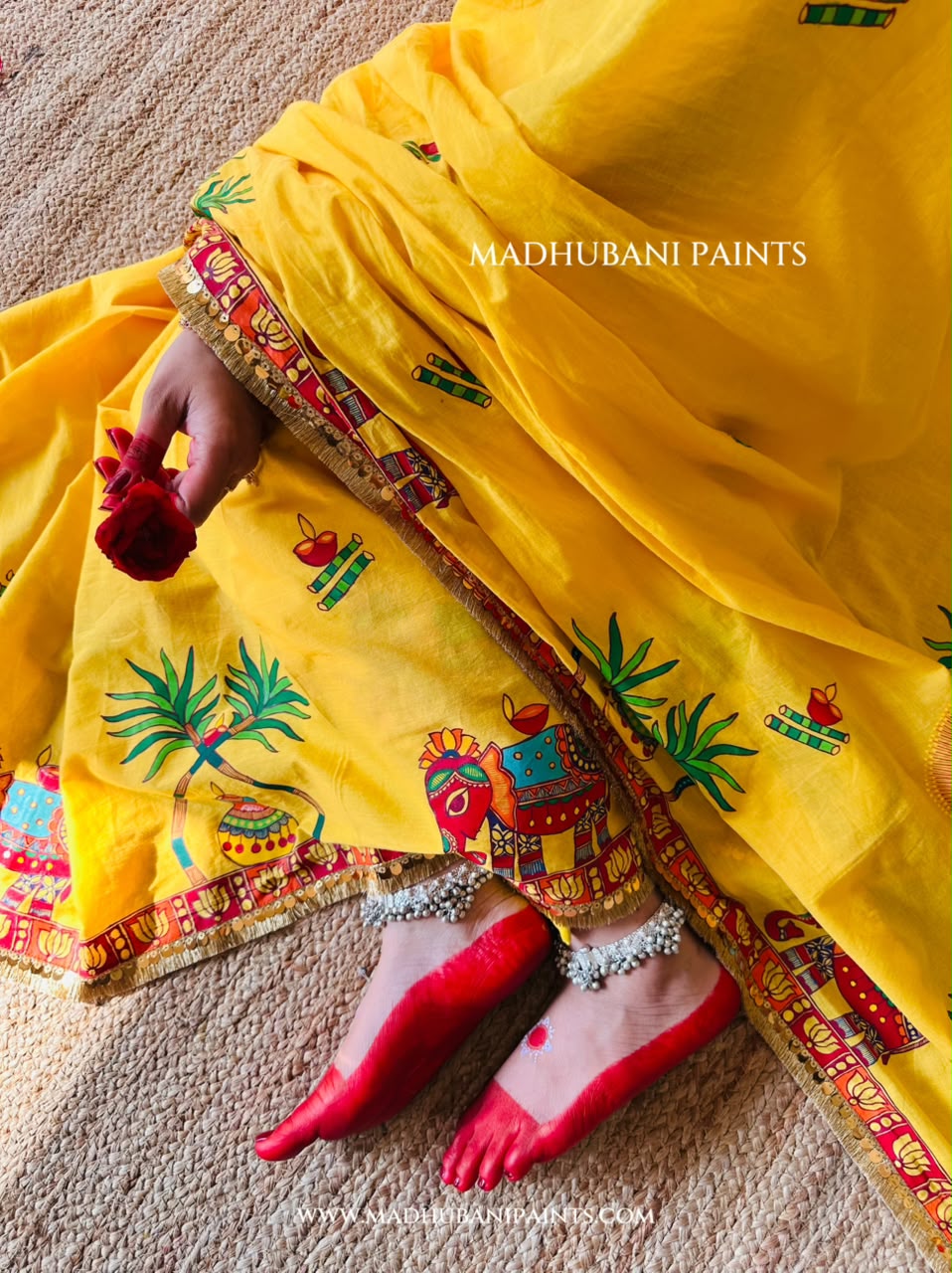 Chhath Puja Ghat Handpainted Madhubani Cotton Saree Blouse Set