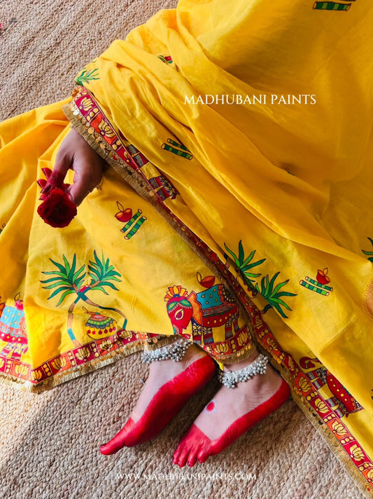 Chhath Puja Ghat Handpainted Madhubani Cotton Saree Blouse Set