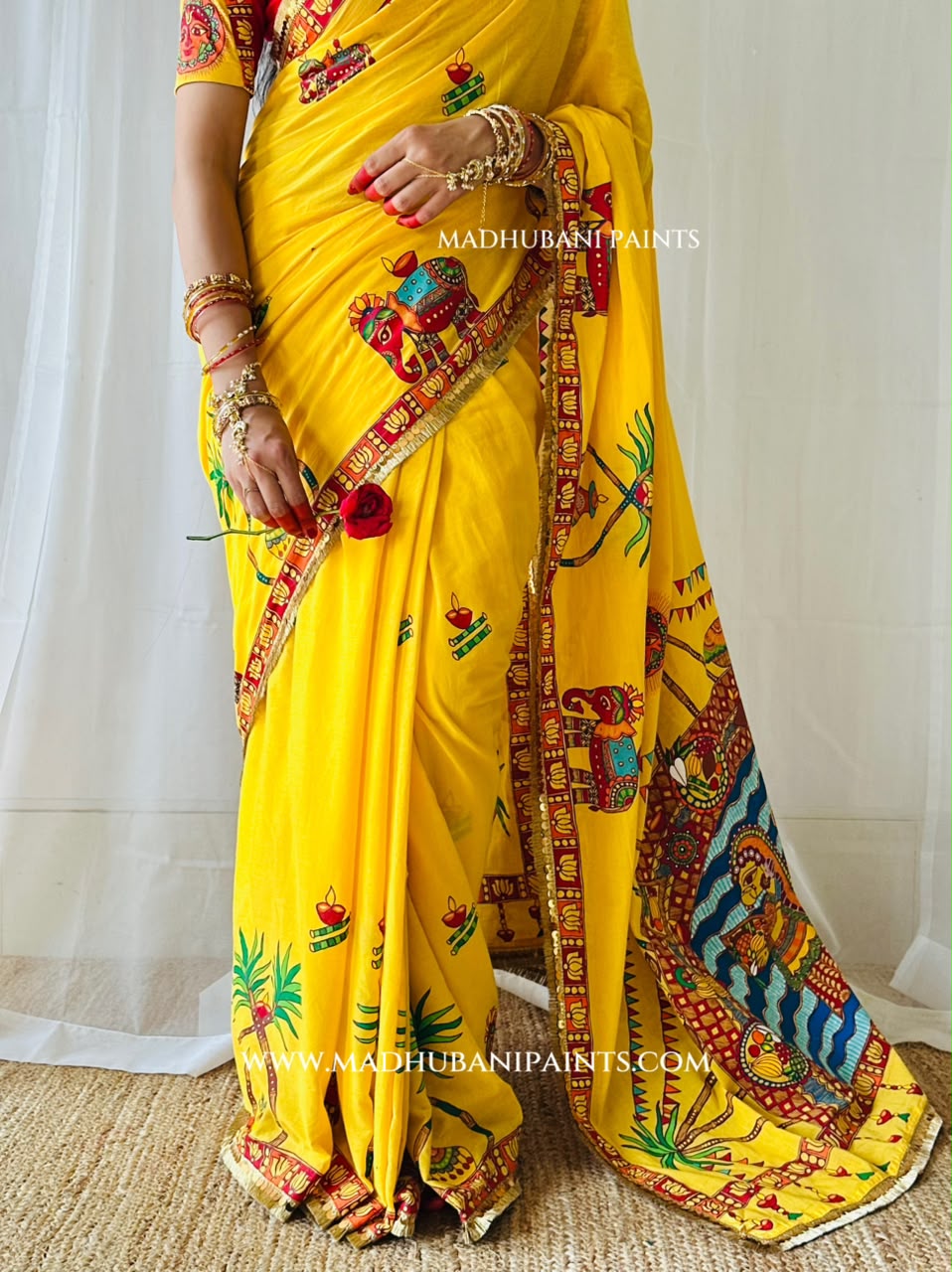 Chhath Puja Ghat Handpainted Madhubani Cotton Saree Blouse Set
