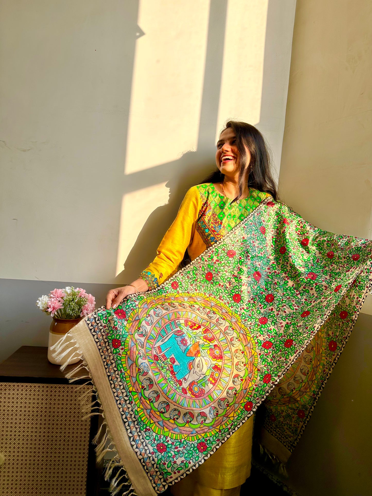 Handpainted madhubani Painting SIlk stole on Tussar silk with elephant design.