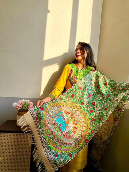 Handpainted madhubani Painting SIlk stole on Tussar silk with elephant design.