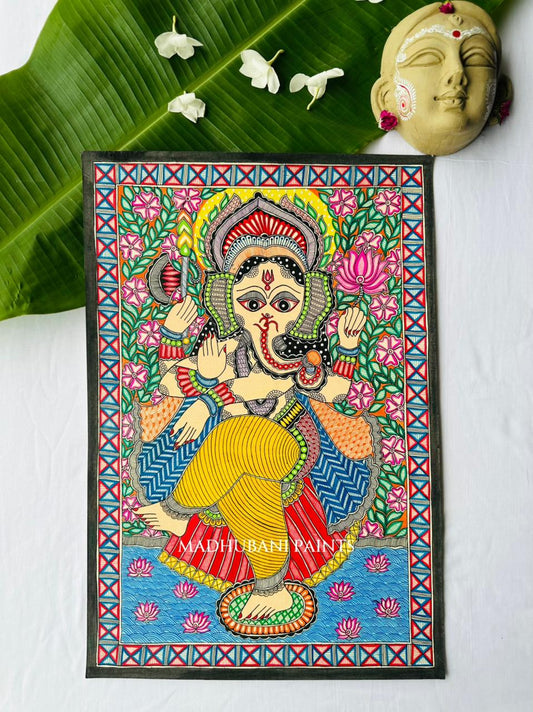 A colorful Madhubani painting of Lord Ganesha on a canvas