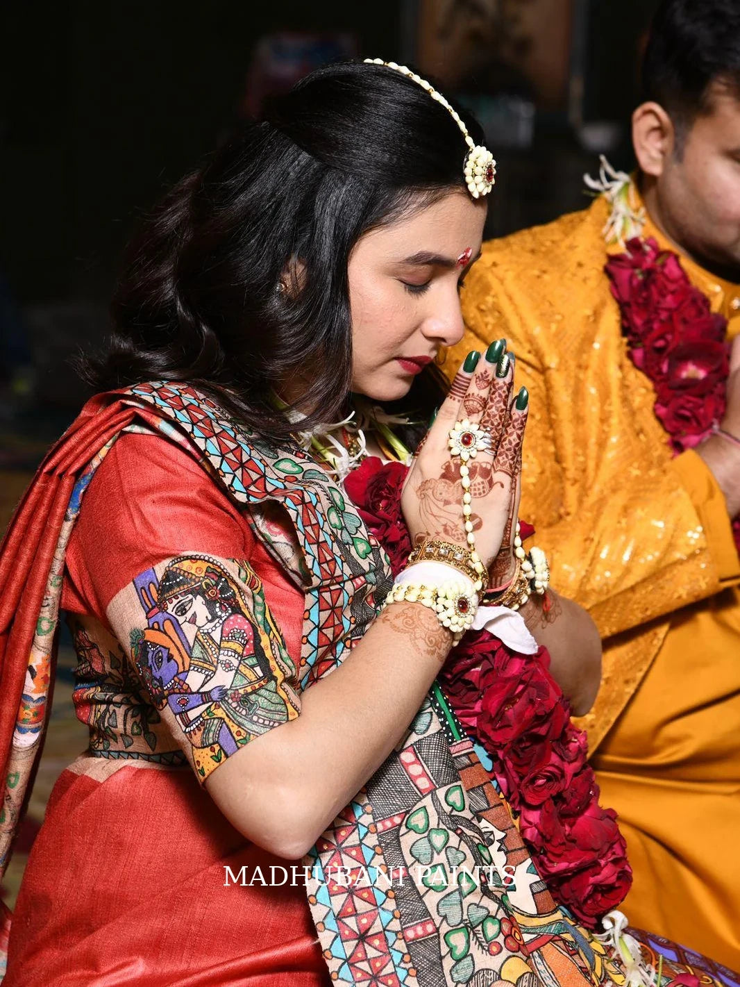 Yashoda Ka Aanchal Godbharai Hand-painted Madhubani Tussar Silk Saree Blouse Set