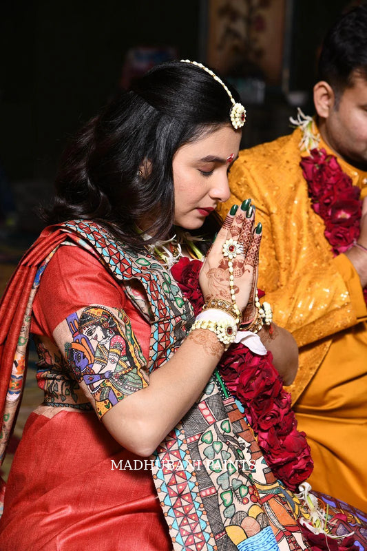 Yashoda Ka Aanchal Godbharai Hand-painted Madhubani Tussar Silk Saree