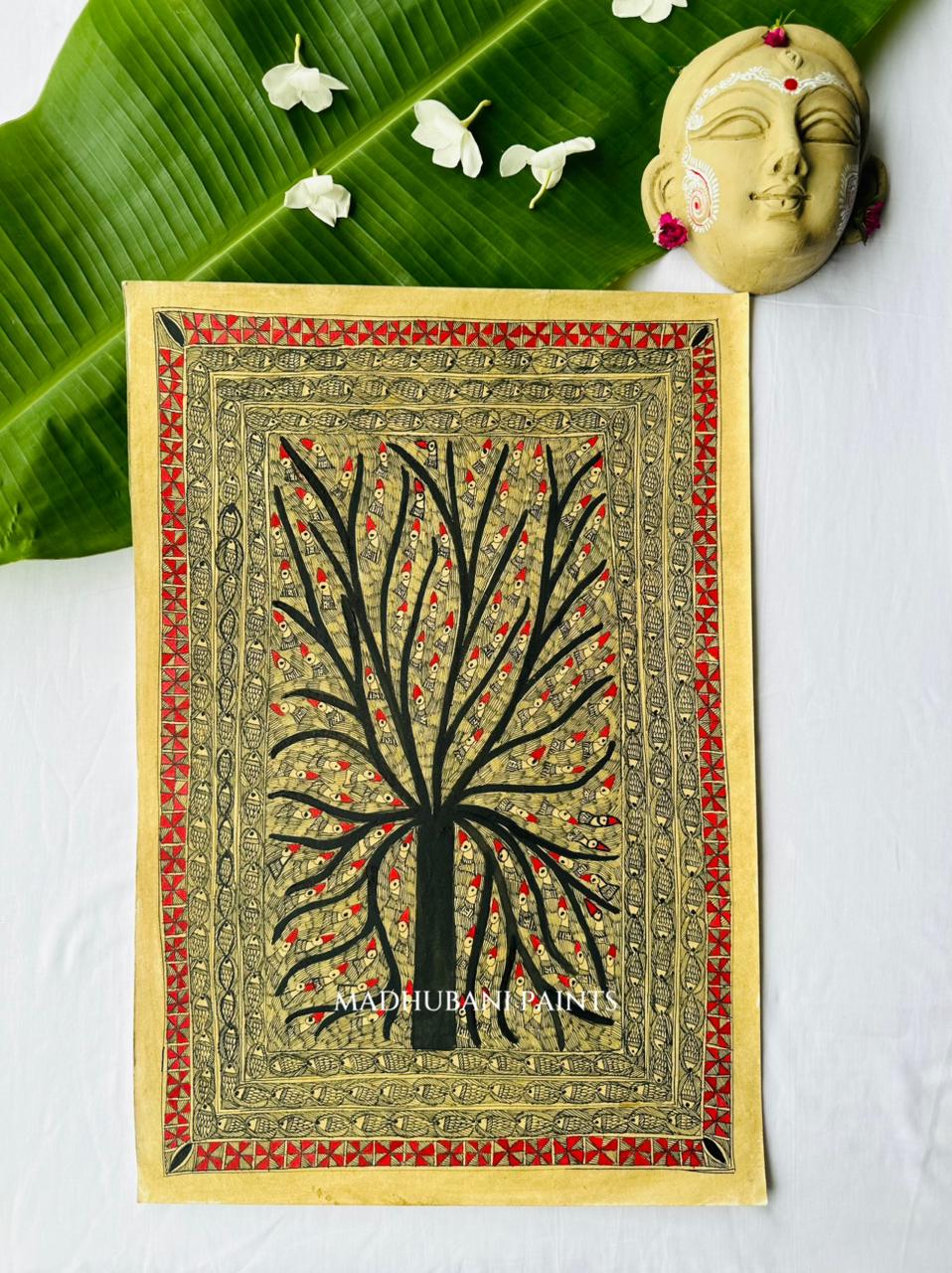 Madhubani tree of life painting with hundred birds perched among black background