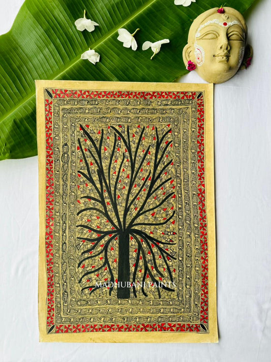 Madhubani tree of life painting with hundred birds perched among black background