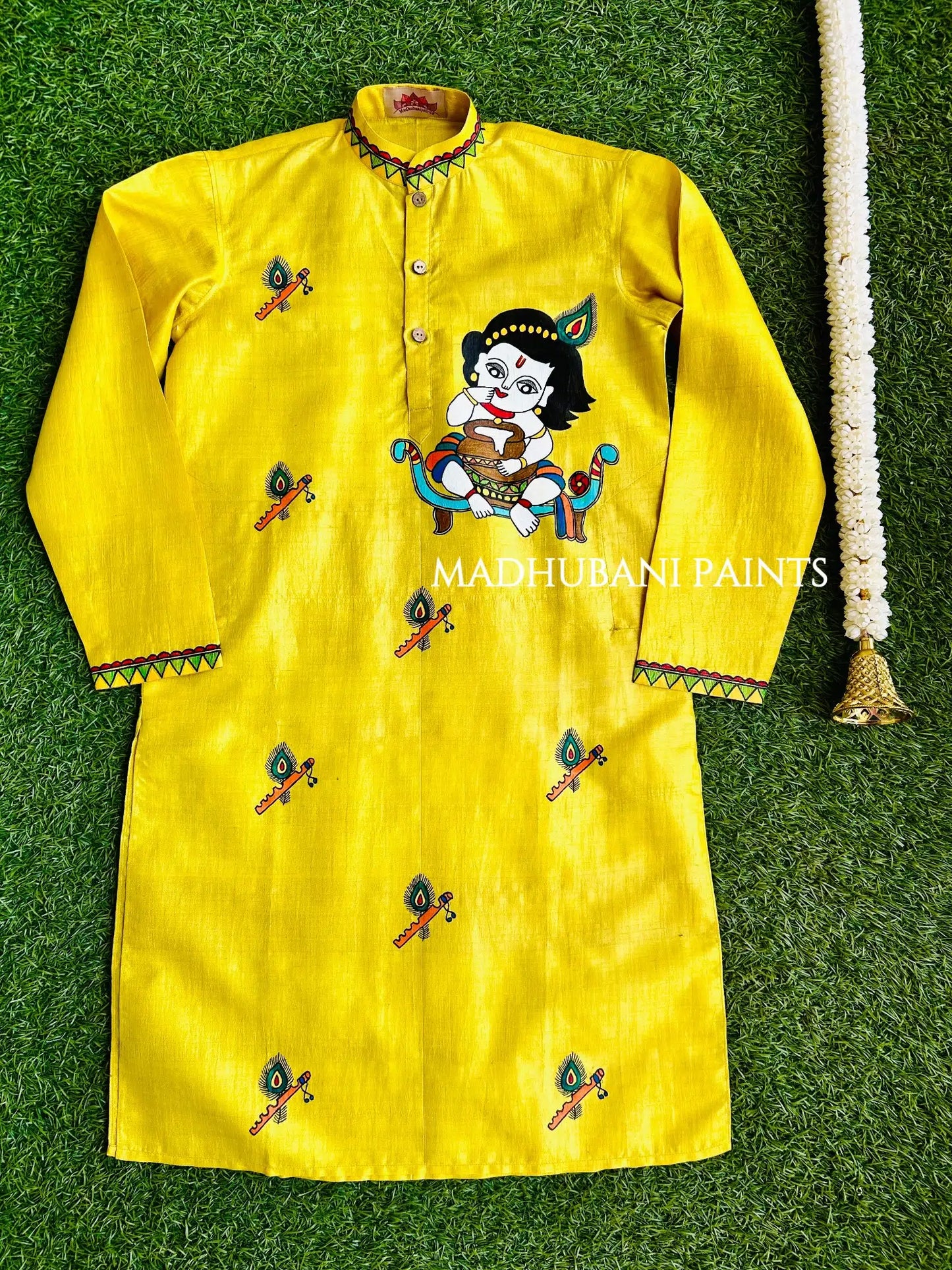 Krishna Hand-painted Yellow Madhubani Men's Tussar Silk Kurta for 1-7 year