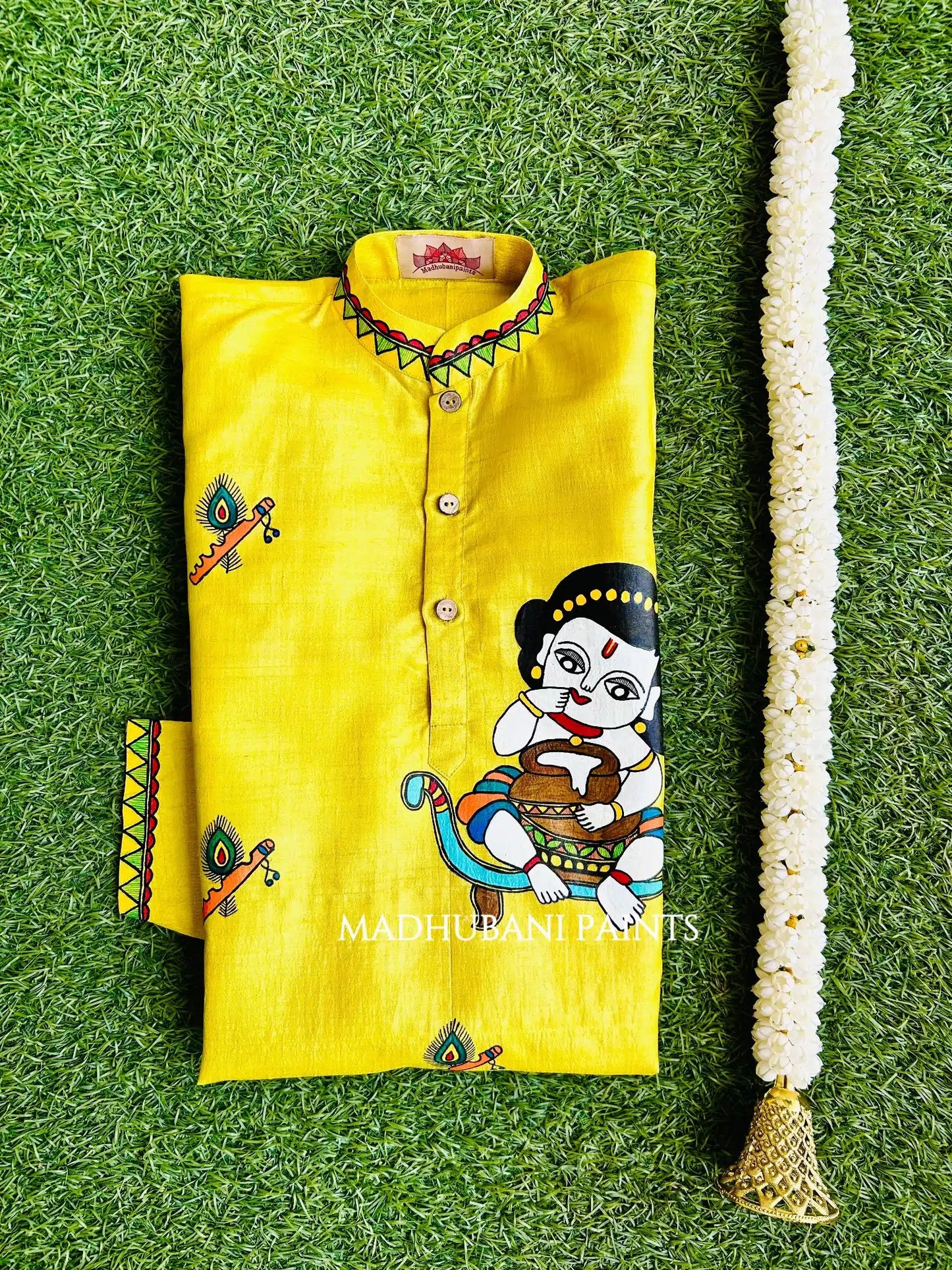 Krishna Hand-painted Yellow Madhubani Men's Tussar Silk Kurta for 1-7 year