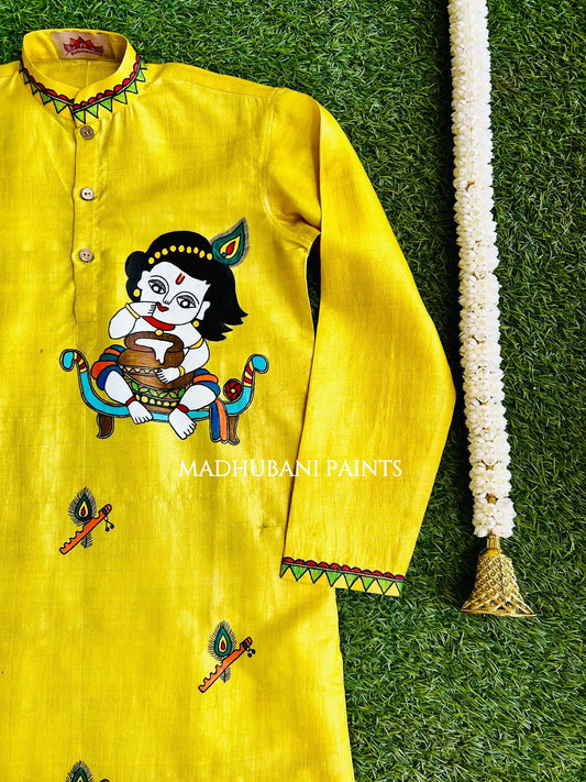 Krishna Hand-painted Yellow Madhubani Men's Tussar Silk Kurta for 1-7 year