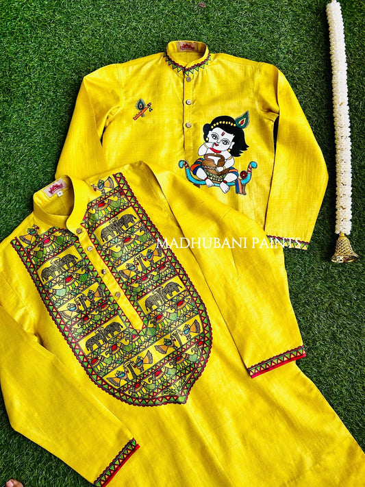 Krishna Hand-painted Yellow Madhubani Men's Tussar Silk Kurta for 1-7 year