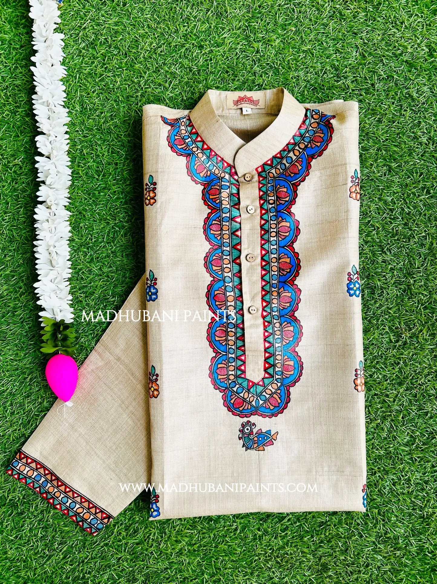 Phool Hand-painted Yellow Madhubani Men's Tussar Silk Kurta