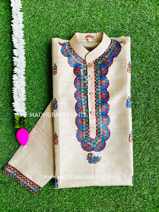 Phool Hand-painted Yellow Madhubani Men's Tussar Silk Kurta