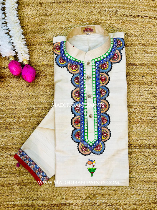 Bagiya Hand-painted Yellow Madhubani Men's Tussar Silk Kurta