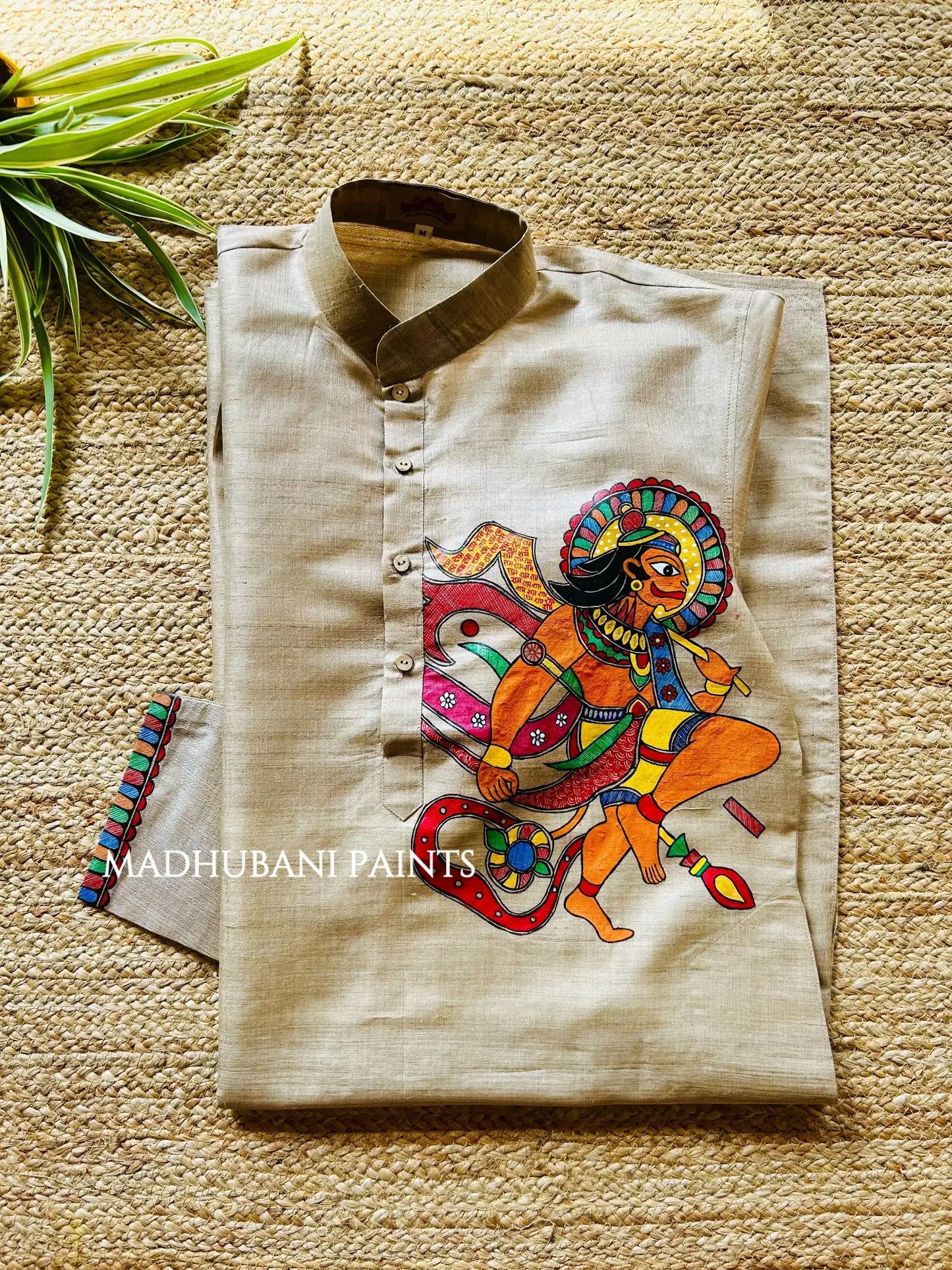 Hanuman Hand-painted Yellow Madhubani Men's Tussar Silk Kurta