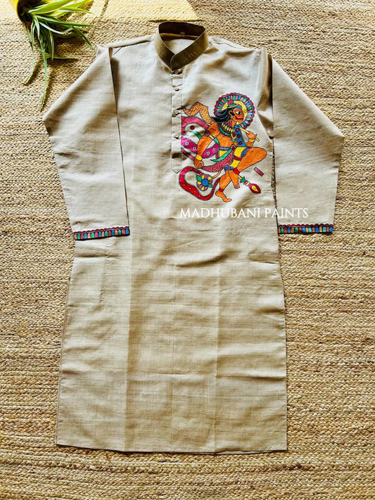 Hanuman Hand-painted Yellow Madhubani Men's Tussar Silk Kurta