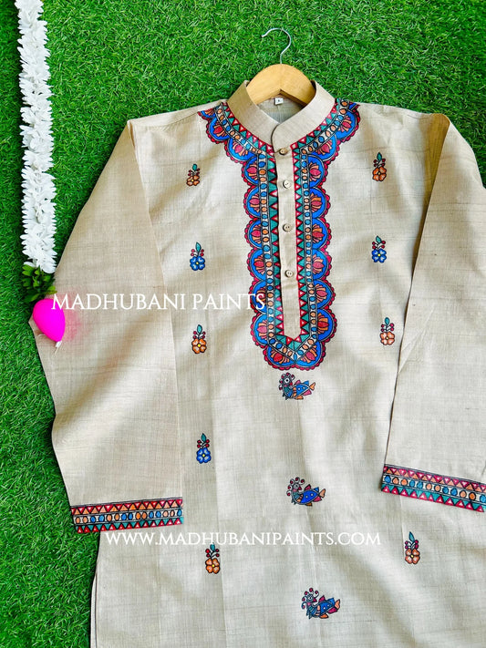 Phool Hand-painted Yellow Madhubani Men's Tussar Silk Kurta