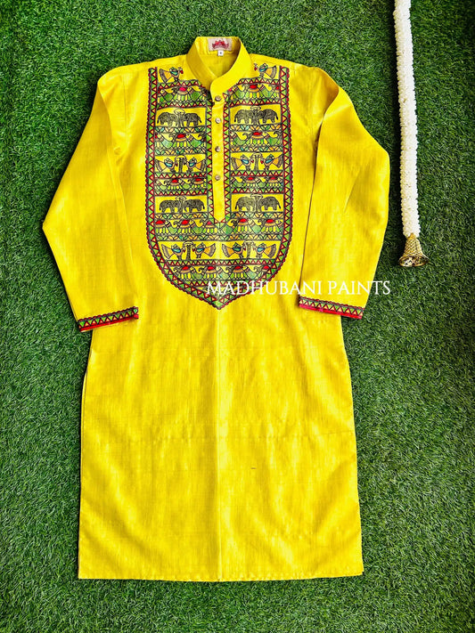 Mithila Van with Boota Hand-painted Madhubani Men's Tussar Silk Kurta