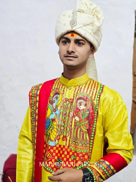 Swyambar Mithila Border Hand-painted Handloom Men's Tussar Silk Kurta Pant Dupatta set