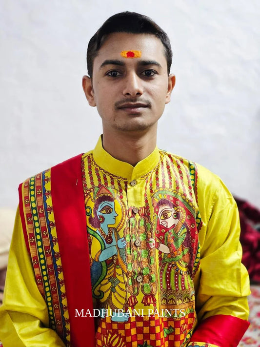 Swyambar Mithila Border Hand-painted Handloom Men's Tussar Silk Kurta Pant Dupatta set