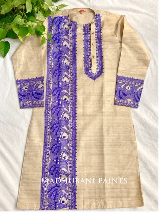 NEELA SURMAI SAMUNDAR Hand-painted Madhubani Men's Tussar Silk Kurta