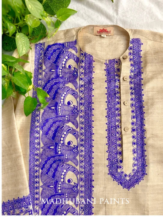NEELA SURMAI SAMUNDAR Hand-painted  Madhubani Men's Tussar Silk Kurta