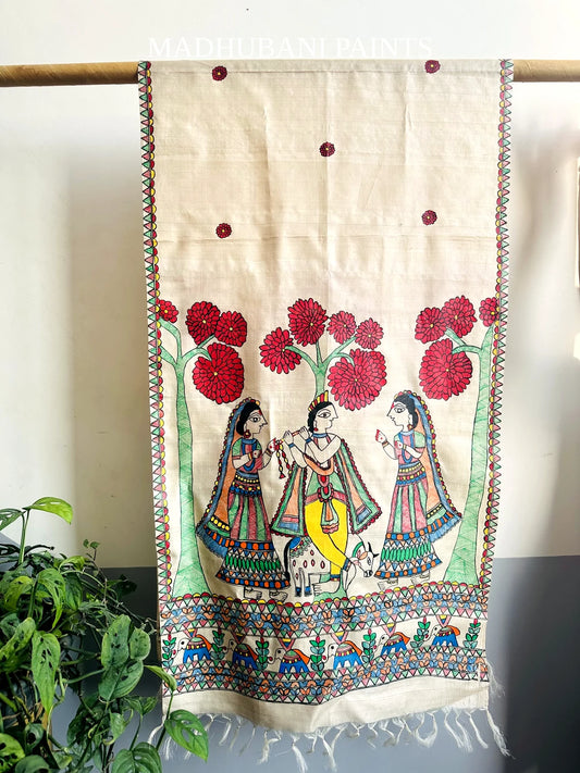 KRISHNA SANG GOPIYAA Hand-painted Madhubani Tussar Silk Stole
