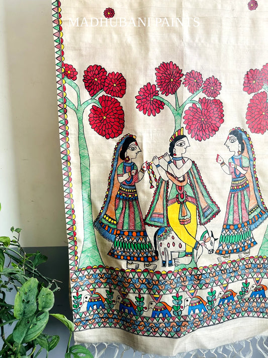 KRISHNA SANG GOPIYAA Hand-painted Madhubani Tussar Silk Stole