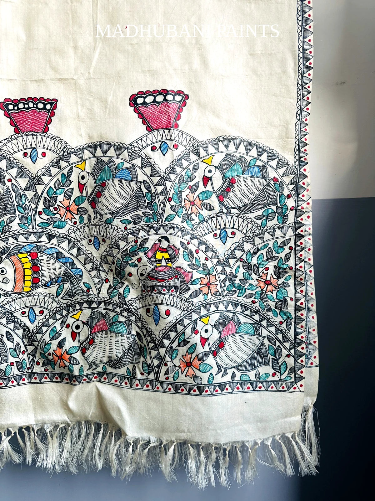 MOR NAGRI Hand-painted Madhubani Tussar Silk Stole