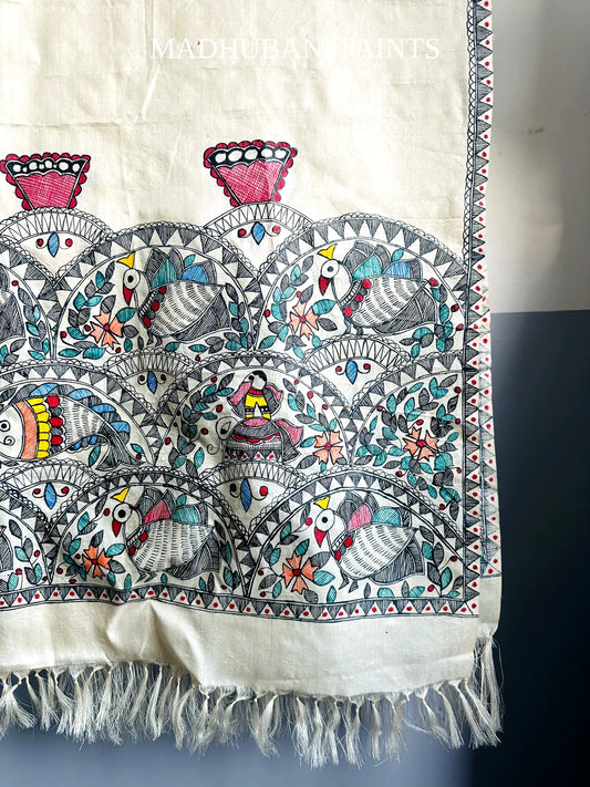 MOR NAGRI Hand-painted Madhubani Tussar Silk Stole
