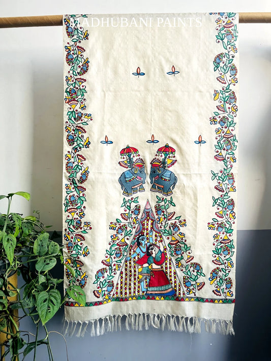 RADHA RAMAN Hand-painted Madhubani Tussar Silk Stole