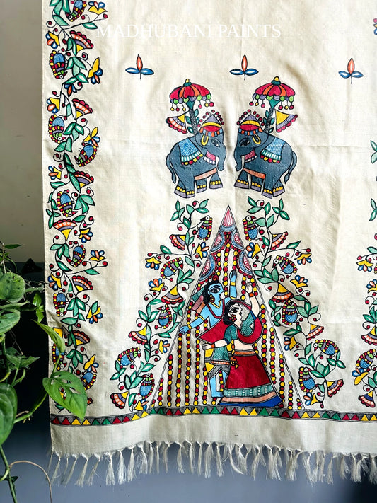 RADHA RAMAN Hand-painted Madhubani Tussar Silk Stole