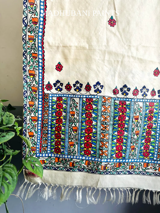 GUL BAGH Hand-painted Madhubani Tussar Silk Stole