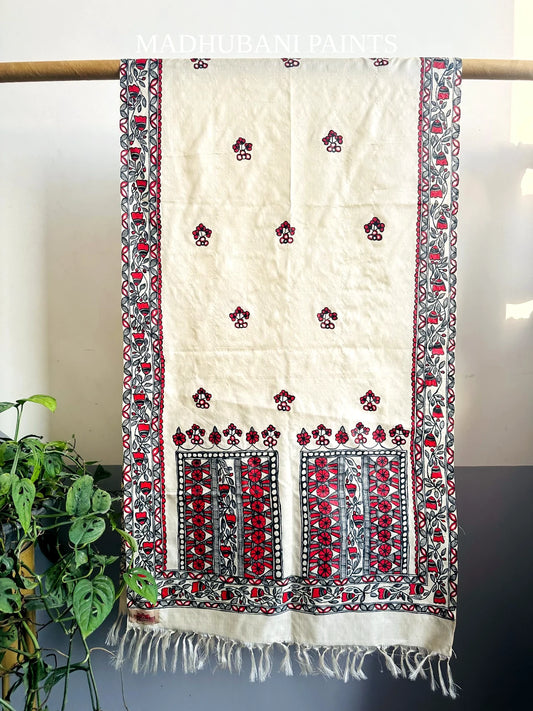 LAAL BAGH Hand-painted Madhubani Tussar Silk Stole