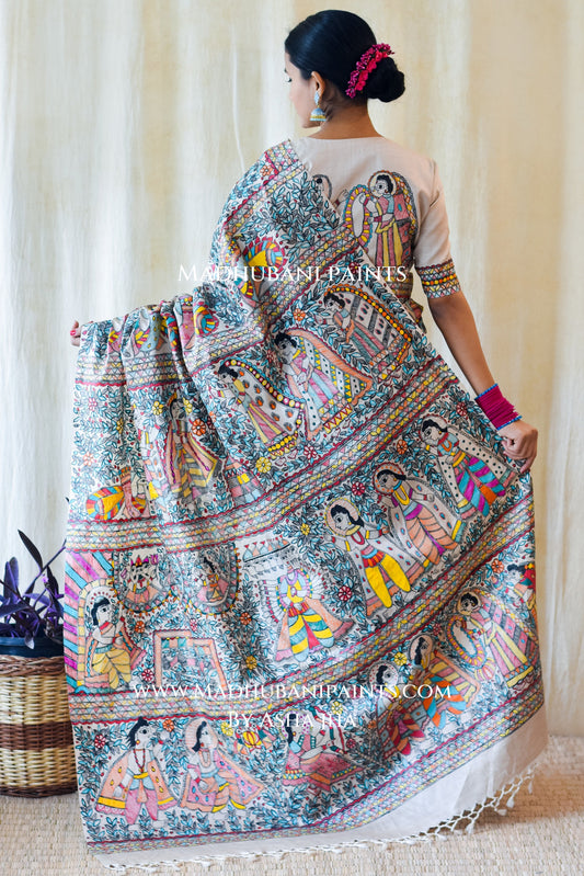 NEEL RAMAYAN Half Work Hand-painted Madhubani Tussar Silk Saree