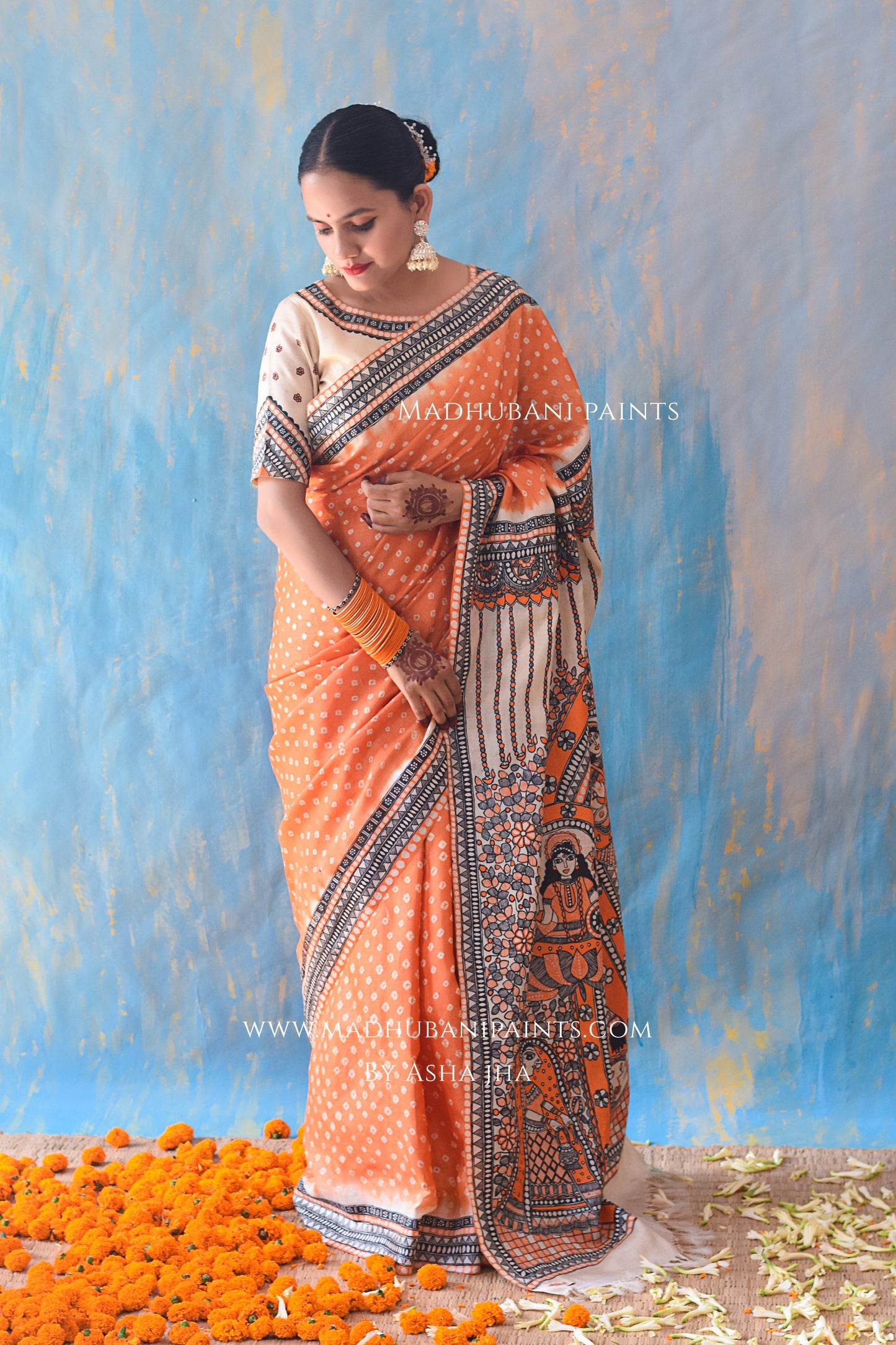 KAMLAKSHI Hand-painted Madhubani Bandhini Tussar Silk Saree Blouse Set