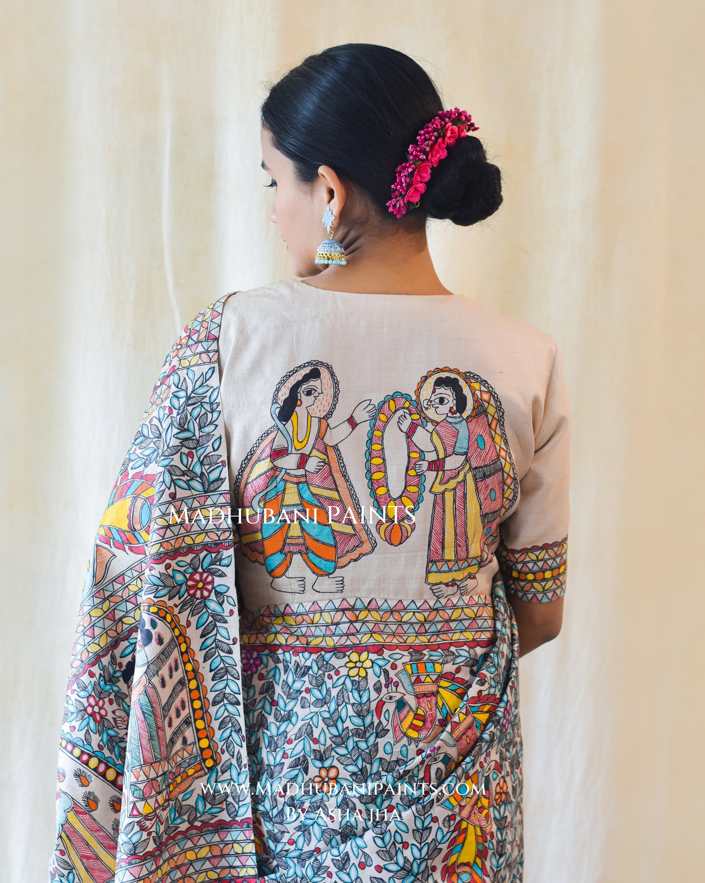 NEEL RAMAYAN Half Work Hand-painted Madhubani Tussar Silk Saree Blouse Set