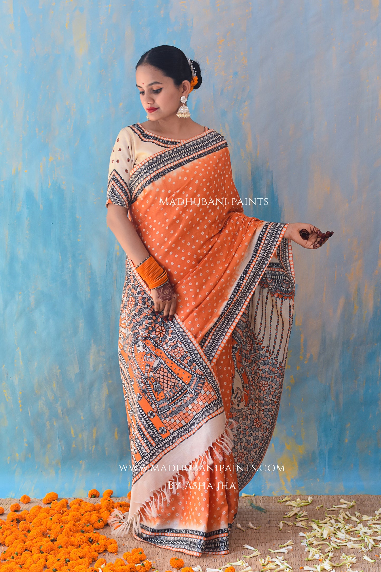 KAMLAKSHI Hand-painted Madhubani Bandhini Tussar Silk Saree Blouse Set