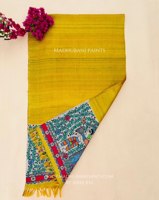 Doli Yellow Madhubani Hand-painted Tussar Silk Stole