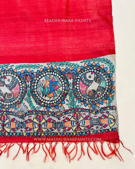 Lotus Fish Mayuri Hand-painted Madhubani Tussar Silk Stole